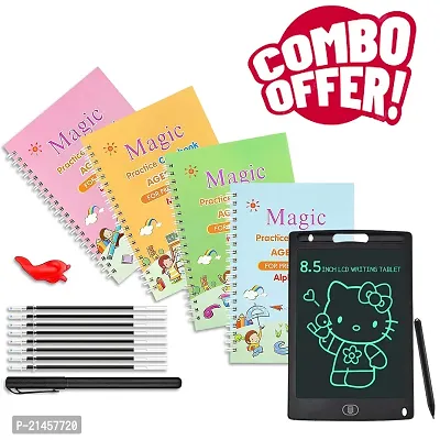 kids magic tablet Learning Sank Magic Practice Copybook And Writing Tablet (4pc Book-Drawing | Math | Alphabet | Number Practice Copybook + 10 REFILL+ 1 Pen +1 Grip And 1pc Writing Tablet) Combo Set-thumb0