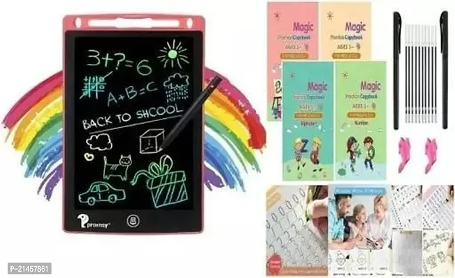 kids magic tablet Learning Sank Magic Practice Copybook And Writing Tablet (4pc Book-Drawing | Math | Alphabet | Number Practice Copybook + 10 REFILL+ 1 Pen +1 Grip And 1pc Writing Tablet) Combo Set