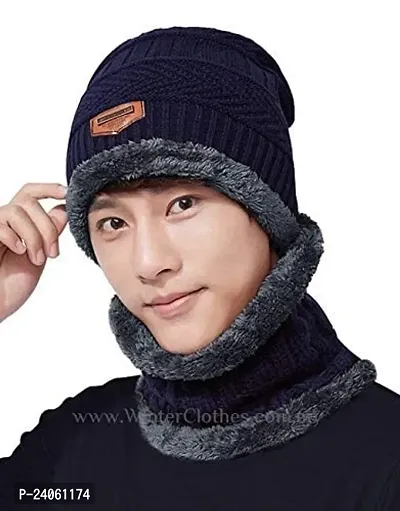 Classy Woolen Solid Cap with Neck Warmer for Unisex-thumb0