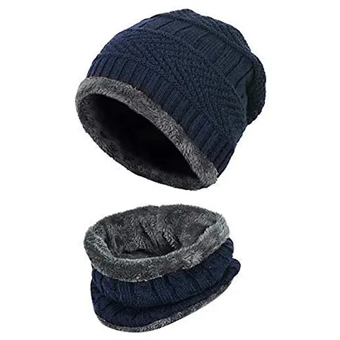 YOVIEX Men's Women's Snow Proof,Inside Fur, Warm Woolen Cap with Neck Muffler/Neck Warmer/Scarf for Winters - Free Size Cap Hat Neck Warmer Scarf