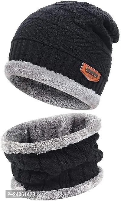 Classy Woolen Solid Cap with Neck Warmer for Unisex