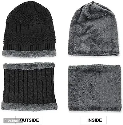 nbsp;woollen Winter Beanie Cap with Neck Mufler Warmer Set for Men Women Slouchy Knitted Ultra Soft Elastic Warm Knit Skull Cap  Neck Mufler with Thick Lining for Winters and Snowboarding (Black)-thumb4