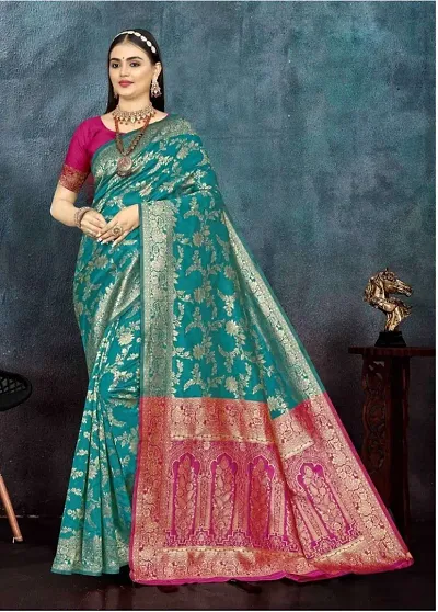 Women's Light Weight Banaras Silk Saree With Border Blouse Piece