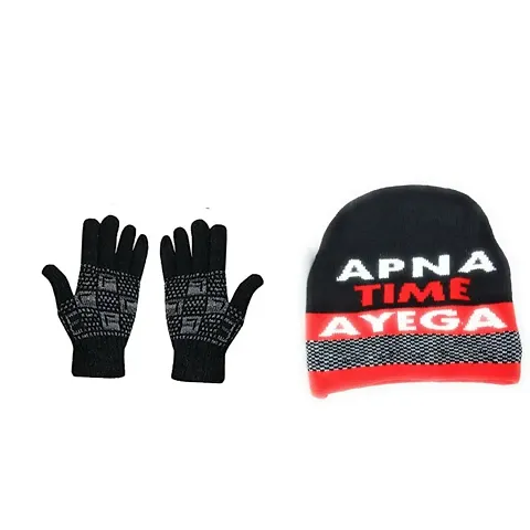 Trendy Combo Of Gloves And Woolen Cap