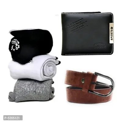 Stylish Leatherette Wallet With Belt Cotton And Spandex 3 Pair Socks For Men ( Combo )-thumb0