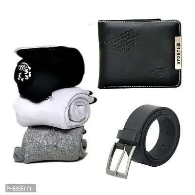 Stylish Leatherette Wallet With Belt Cotton And Spandex 3 Pair Socks For Men ( Combo )-thumb0