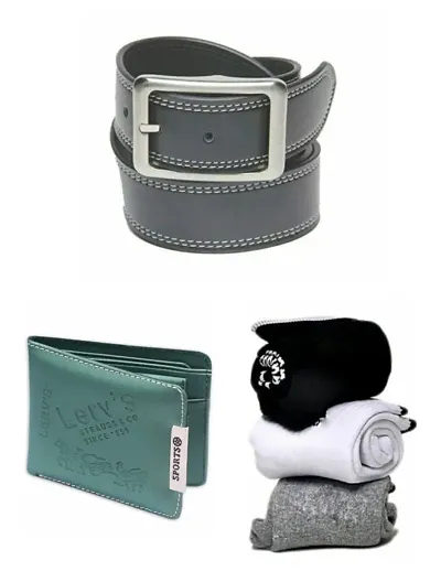 Stylish Combos Of Leatherette Belts, Wallets & 3 Pairs Socks For Men