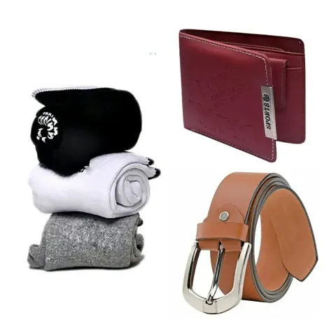 Men's Stylish Fashion Accessories Combos (One Belt with One Wallet & 3 Towel Socks)