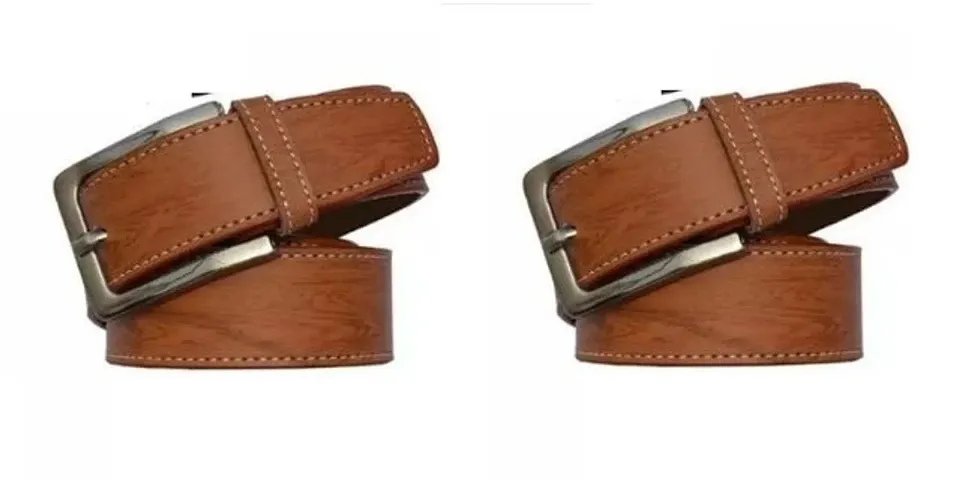 Elegant Tan Leather Solid Belt For Men Pack Of 2