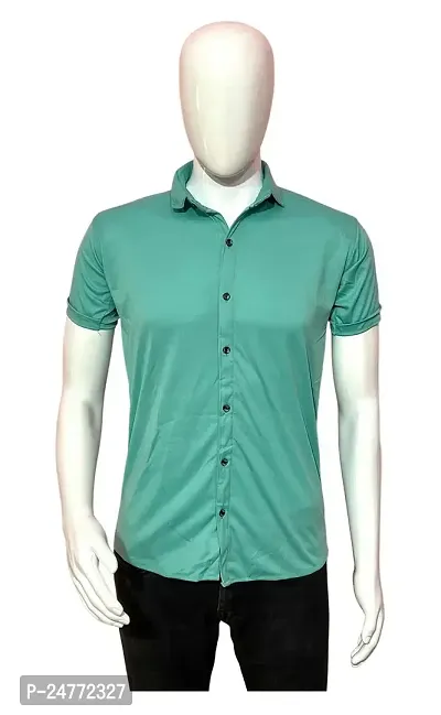 Reliable Lycra Green Short Sleeves Solid Shirt For Men-thumb0