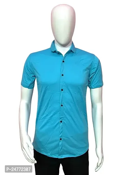 Reliable Lycra Blue Short Sleeves Solid Shirt For Men-thumb0