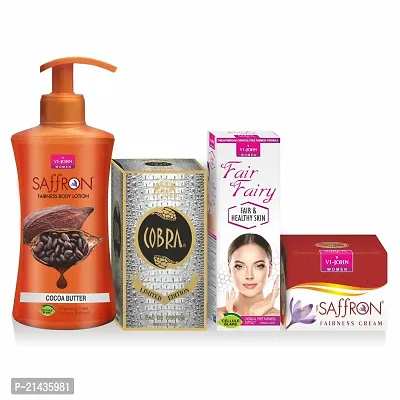 VI - JOHN Combo Pack of Women Care Kit Saffron Advance Cream and Fair and Fairy ST. JOHN COBRA EAU DE PARFUM Deodorant and Body Lotion Cocoa Butter,Pack of 4