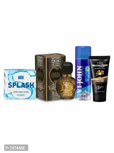 VI-JOHN Men Shaving Kit ( Pack of 4) | Shave Foam All Skin Type (50 gm) | After shave Splash (50 gm) | Master Stroke Hair Removal Cream Jojoba Oil (60 gm) | Perfume Cobra Limited Editi (4 It-thumb0