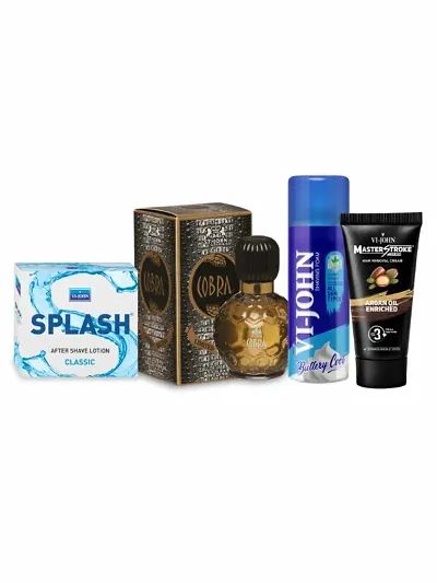 VI-JOHN Men Shaving Kit ( Pack of 4) | Shave Foam All Skin Type (50 gm) | After shave Splash (50 gm) | Master Stroke Hair Removal Cream Jojoba Oil (60 gm) | Perfume Cobra Limited Editi (4 It