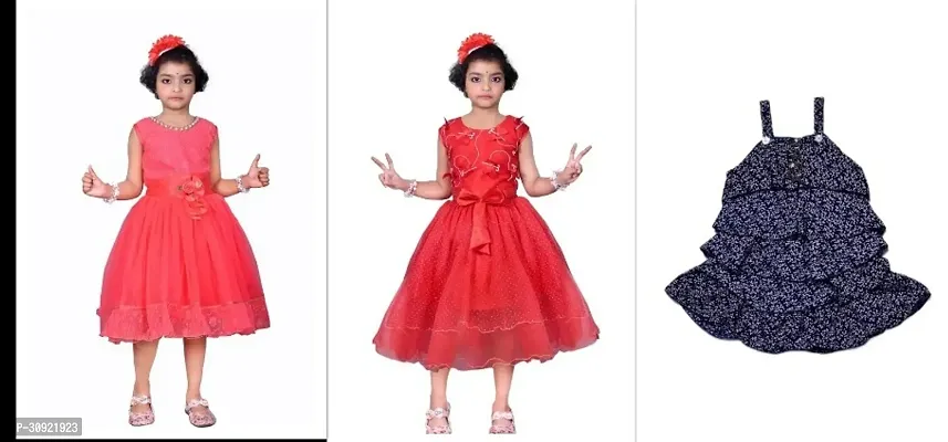 Stylish Multicoloured Net Printed Dresses For Girls Pack Of 3