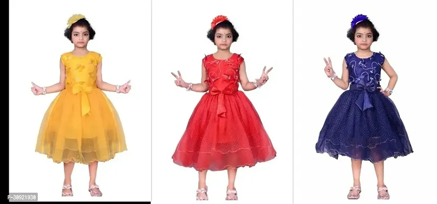 Stylish Multicoloured Net Printed Dresses For Girls Pack Of 3