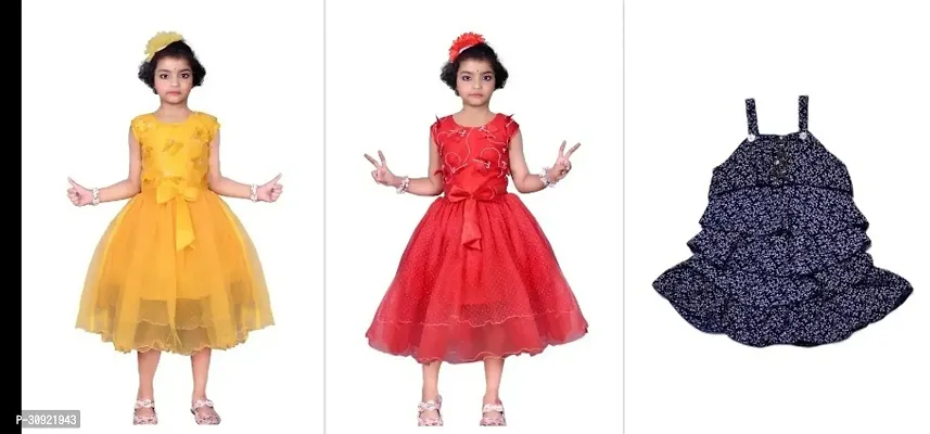 Stylish Multicoloured Net Printed Dresses For Girls Pack Of 3