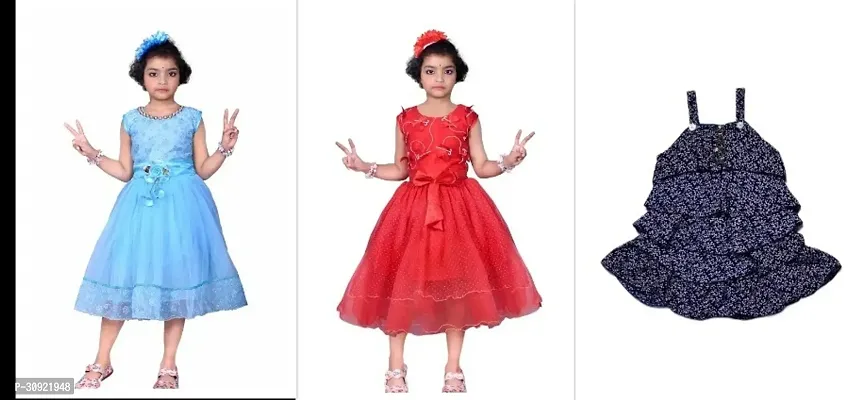 Stylish Multicoloured Net Printed Dresses For Girls Pack Of 3