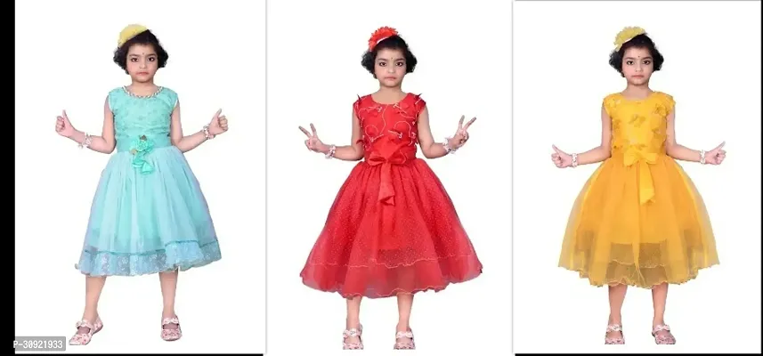 Stylish Multicoloured Net Printed Dresses For Girls Pack Of 3