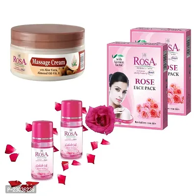 Rosa Combo pack of Massage cream 200ml, Gulab Jal - Rose Water 120ml (Pack Of 2) and Rose face pack (Pack Of 2)