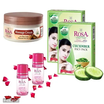 Rosa Combo pack of Massage cream 200ml, Gulab Jal - Rose Water 120ml (Pack Of 2) and Cucumber face pack (Pack Of 2)