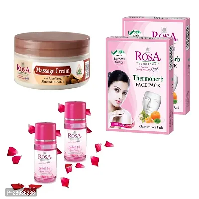 Rosa Combo pack of Massage cream 200ml, Gulab Jal - Rose Water 120ml (Pack Of 2) and Thermoherb Cleanser face pack (Pack Of 2)