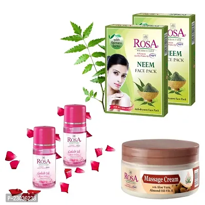 Rosa Combo pack of Massage cream 200ml, Gulab Jal - Rose Water 120ml (Pack Of 2) and Neem face pack (Pack Of 2)