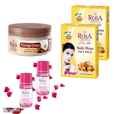 Rosa Combo pack of Massage cream 200ml, Gulab Jal - Rose Water 120ml (Pack Of 2) and Shahi Ubtan face pack (Pack Of 2)