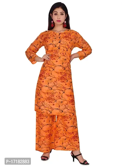 Rahini Women's Rayon Printed Casual Straight Kurta and Palazzo Set(Orange)-thumb0