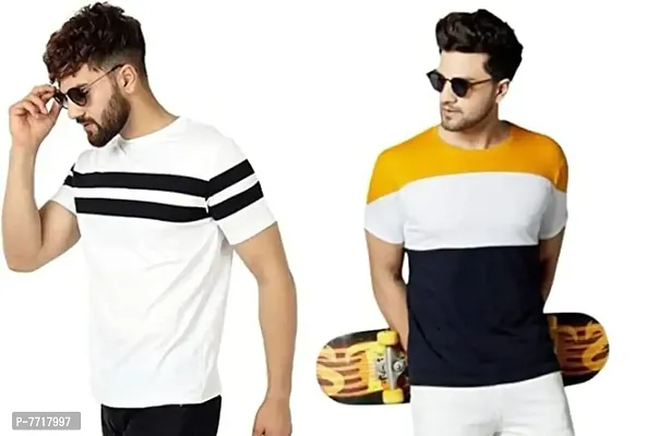 Reliable Multicoloured Cotton Blend Striped Round Neck Tees For Men