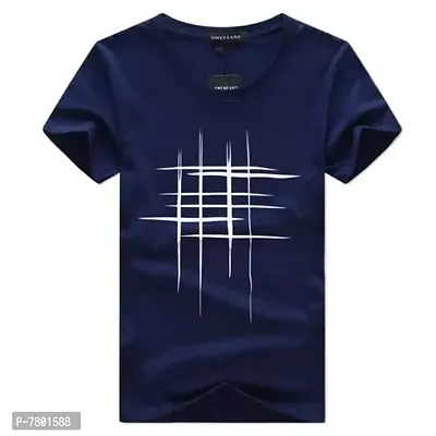 Reliable Navy Blue Cotton Blend Printed Round Neck Tees For Men