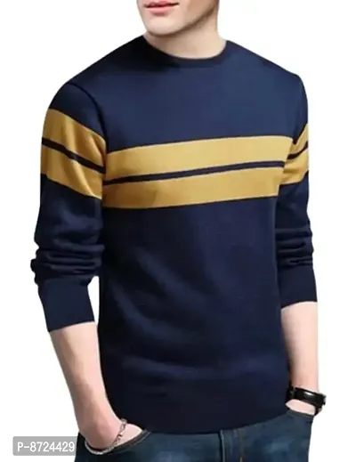 Reliable Multicoloured Polyester Blend Striped Round Neck Tees For Men