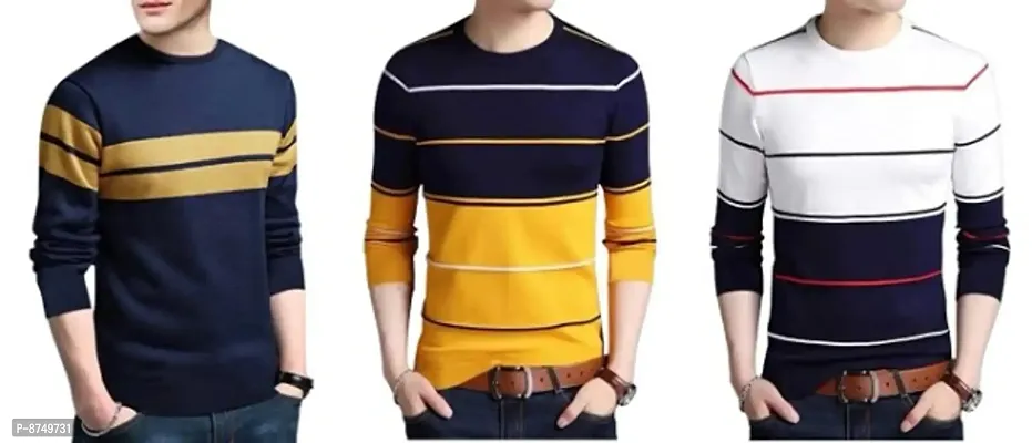 Reliable Multicoloured Polyester Blend Striped Round Neck Tees For Men-thumb0