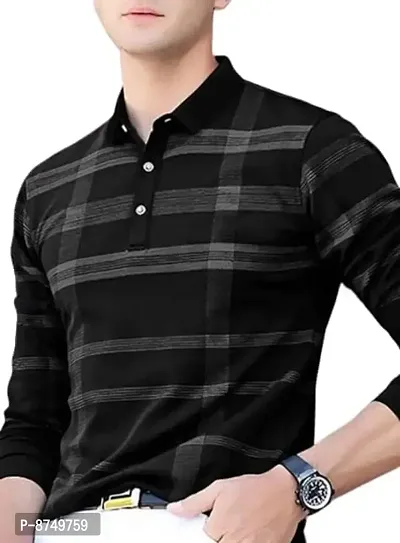 Reliable Black Polyester Blend Checked Polos For Men