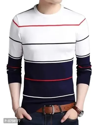 Stylish Polyester Blend Multicoloured Striped Round Neck Tees Long Sleeves For Men-thumb0