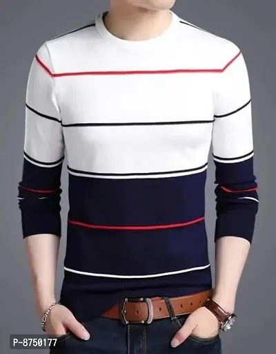 Stylish Polyester Blend Multicoloured Striped Round Neck Tees Long Sleeves For Men-thumb2