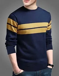 Reliable Navy Blue Polyester Blend Striped Round Neck Tees For Men-thumb1