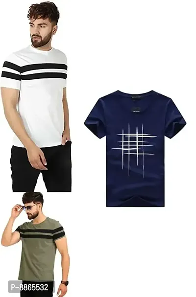 Reliable Multicoloured Polyester Blend Printed Round Neck Tees For Men