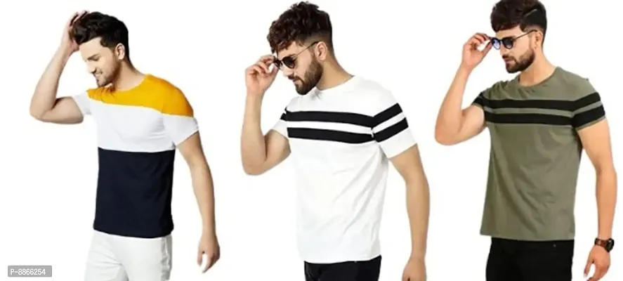 Reliable Multicoloured Polyester Blend Striped Round Neck Tees For Men