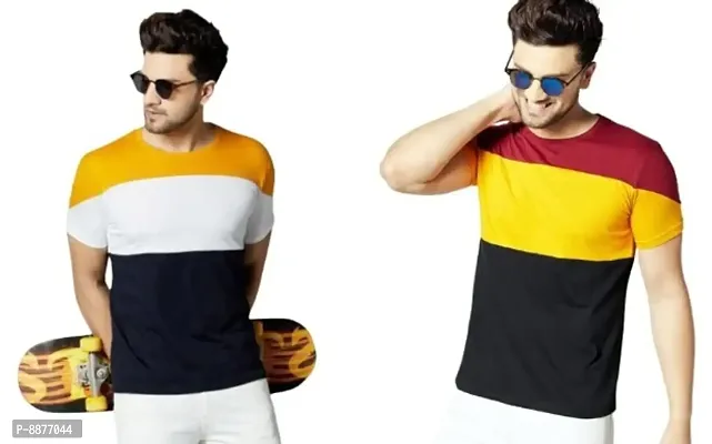 Reliable Multicoloured Polyester Blend Colourblocked Round Neck Tees For Men