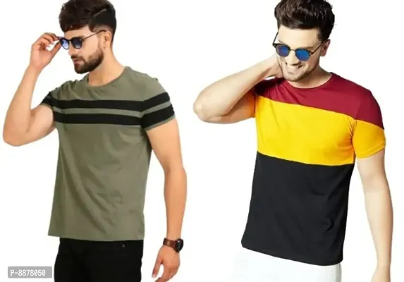 Reliable Multicoloured Polyester Blend Striped Round Neck Tees For Men-thumb0
