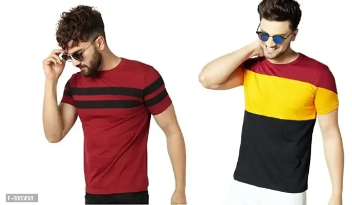 Reliable Multicoloured Polyester Blend Striped Round Neck Tees For Men-thumb0