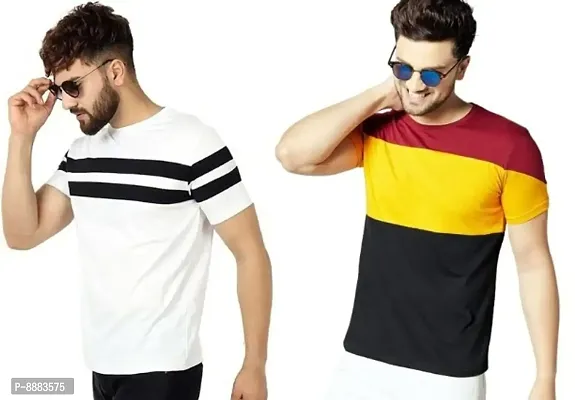 Reliable Multicoloured Polyester Blend Striped Round Neck Tees For Men-thumb0