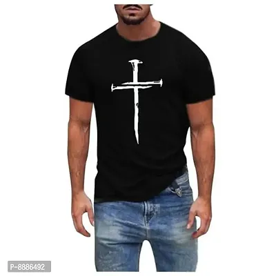 Reliable Black Polyester Blend Printed Round Neck Tees For Men
