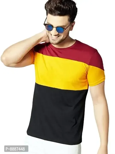 Reliable Multicoloured Polyester Blend Colourblocked Round Neck Tees For Men