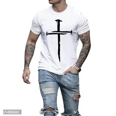 Reliable White Polyester Blend Printed Round Neck Tees For Men