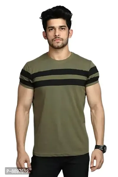 Reliable Olive Polyester Blend Striped Round Neck Tees For Men-thumb0