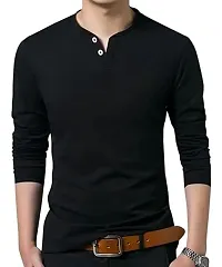 Reliable Black Cotton Solid Henley Tees For Men-thumb2