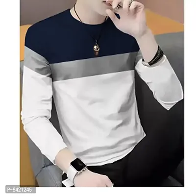 Reliable White Polyester Blend Striped Round Neck Tees For Men-thumb0