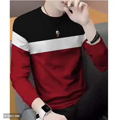 Reliable Maroon Polyester Blend Striped Round Neck Tees For Men